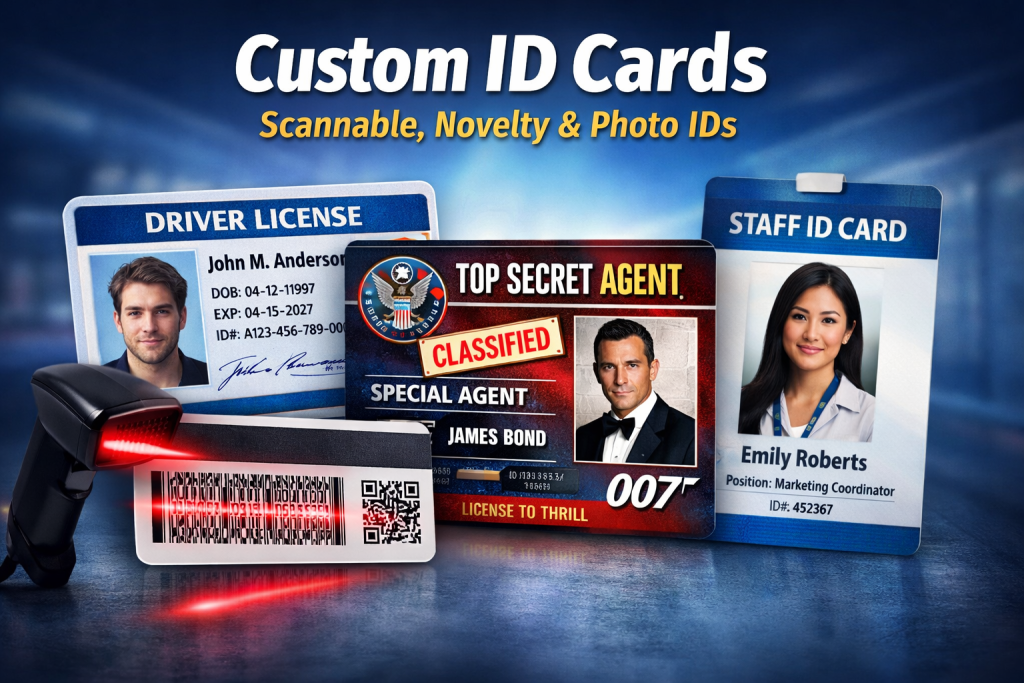 custom scannable ID cards with barcode, novelty ID card and photo staff ID card